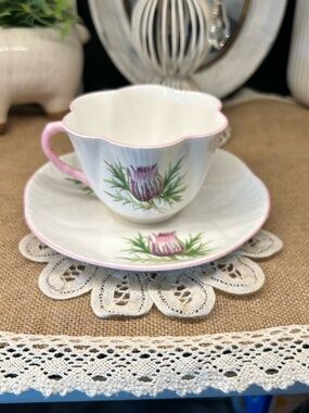 Vintage Shelley England Thistle 13820 Fine Bone China Tea Cup & Saucer Pink Trim